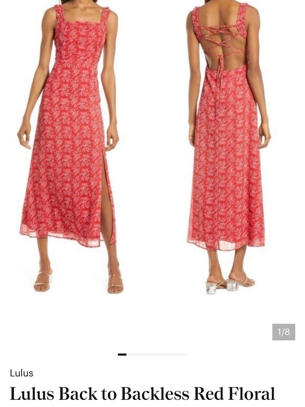 Lulu's Coral Red Floral Backless Lace-Up Midi Dress
